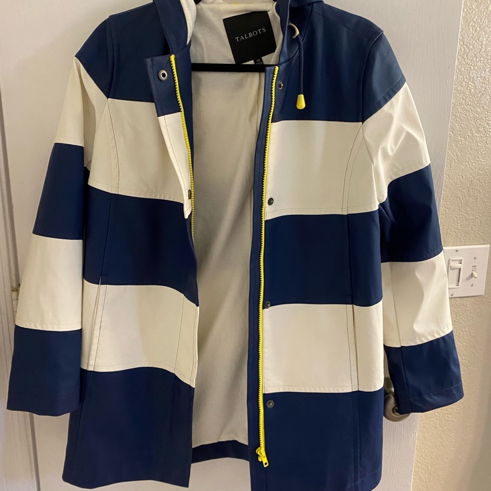 Talbots Navy and White Rain Jacket with Bold Stripes
